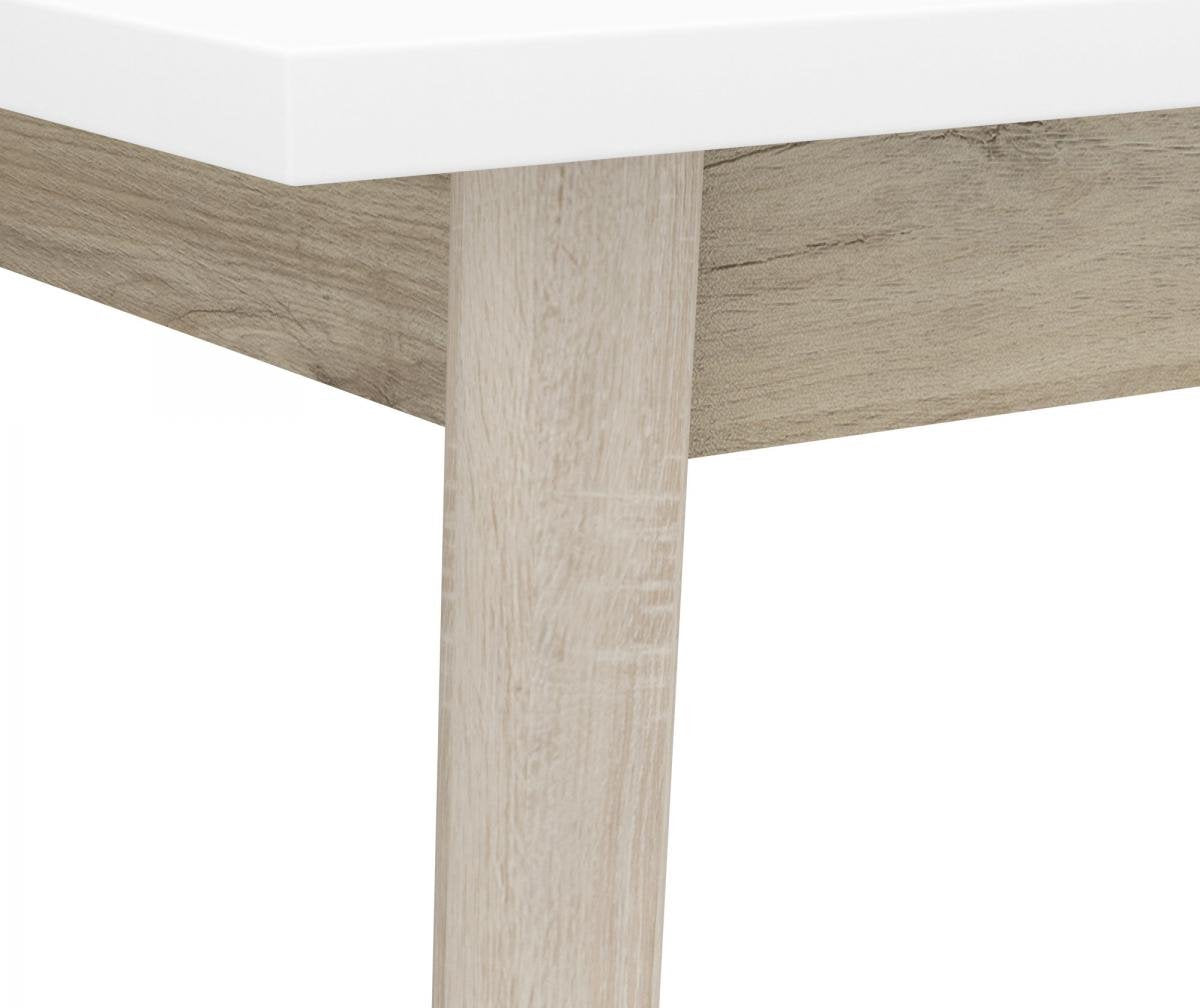 moderne eettafel met mat wit bovenblad en eiken poten  140x90CM