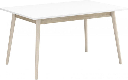moderne eettafel met mat wit bovenblad en eiken poten  140x90CM